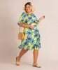 saia midi estampada floral de viscose com babados e franzido plus size verde claro 56