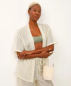 kimono saída de praia de tela com lurex bege UNICO