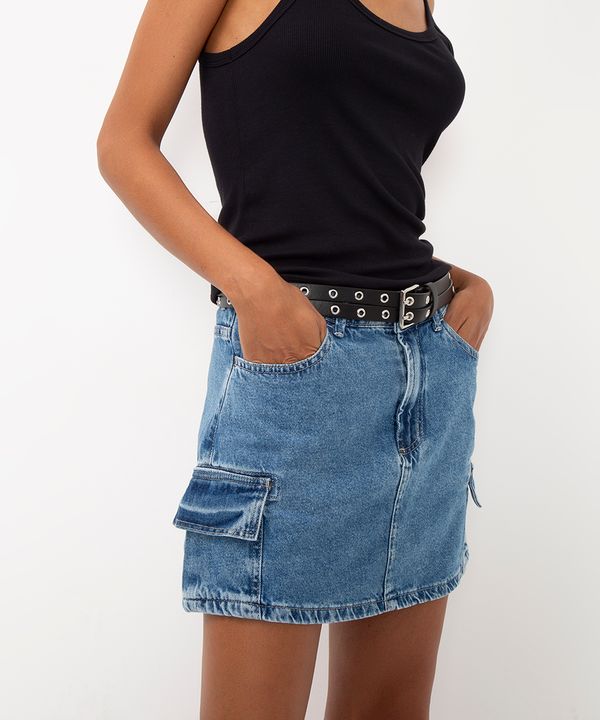 minissaia jeans cintura média cargo azul 46