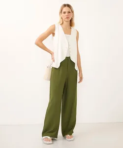 calça wide leg de viscose cintura alta - verde 46