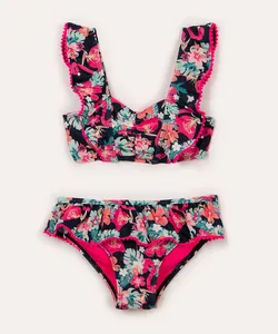 biquíni infantil floral com babado proteção uv azul marinho 4