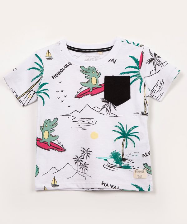 camiseta infantil manga curta praia com bolso branca 4