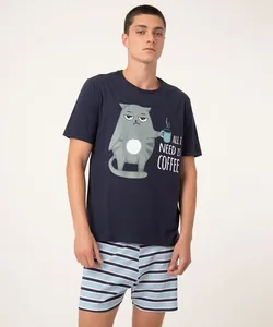 pijama curto de algodão gato azul marinho M
