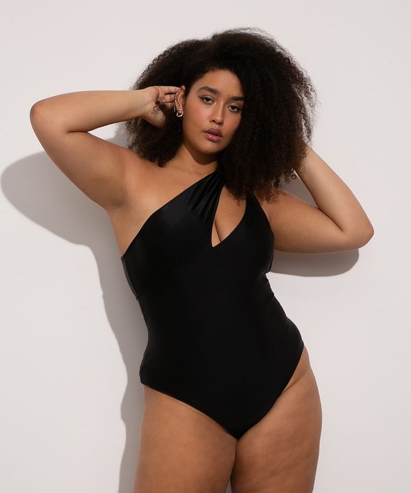 maiô um ombro só mindset plus size recortes com proteção uv50+ preto GG2