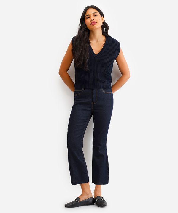 calça flare jeans cropped cintura alta azul 34