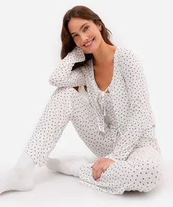 pijama longo feminino floral canelado off white GG