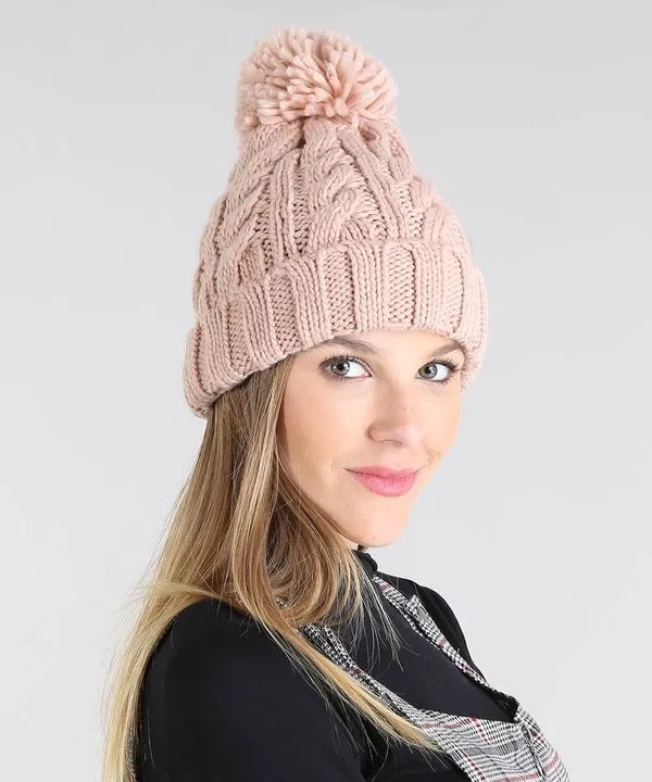 Gorro Feminino em Tricô com Pompom Rosê Único
