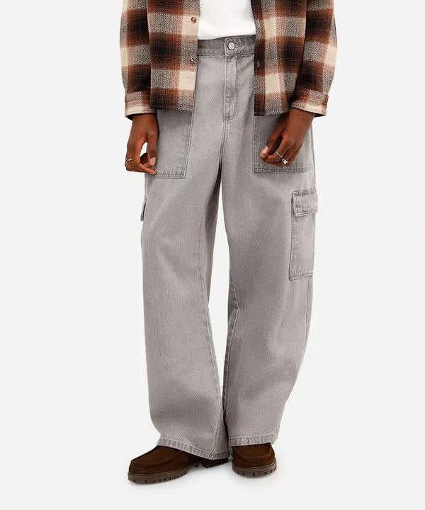 calça super baggy masculina jeans com bolsos cargo cinza 44