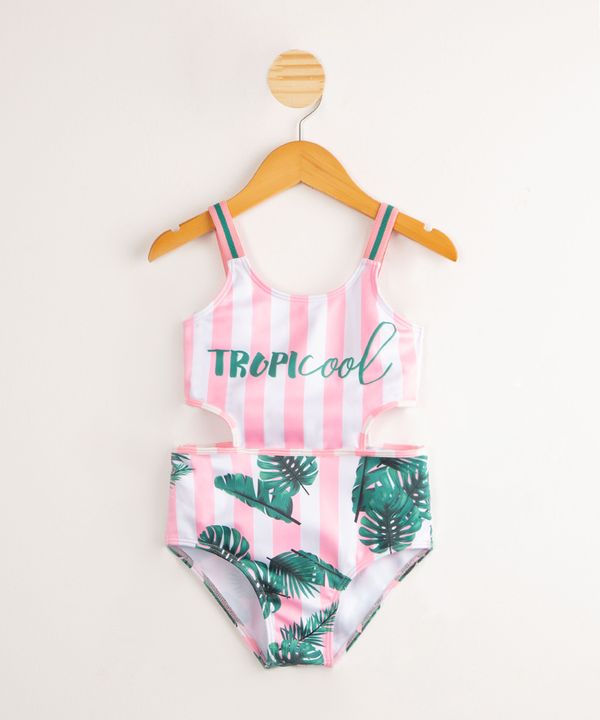 Maiô Infantil Tropicool Estampado Folhagens e Listrado Cut Out com Proteção UV50+ Multicor 12