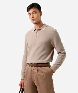 polo masculina de tricot manga longa texturizado bege P