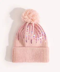 touca infantil de tricô com pompom e paetês rosa Único