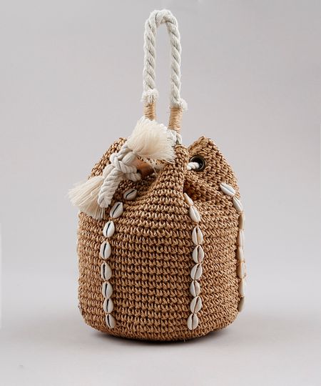 Bolsa Bucket Feminina Blueman Pequena com Palha e Búzios Alça Transversal Bege Único