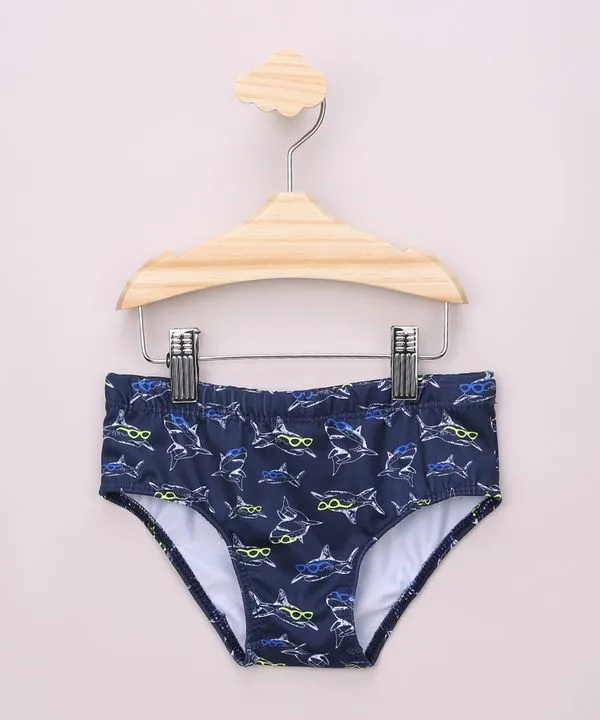 Sunga Infantil Slip Estampada de Tubarões com Proteção UV50+ Azul Marinho 6