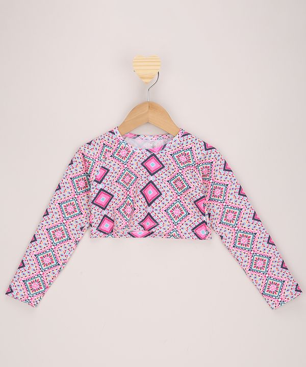 Blusa de Praia Infantil Cropped Estampada Geométrica Manga Longa com Proteção UV50+ Rosa 10