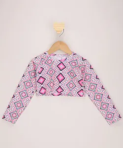Blusa de Praia Infantil Cropped Estampada Geométrica Manga Longa com Proteção UV50+ Rosa 8