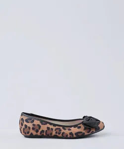 Sapatilha Infantil Molekinha Bico Fino Estampada Animal Print com Laço Caramelo 34