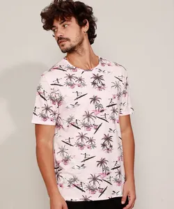 Camiseta Masculina Estampada Caveira Surf Manga Curta Gola Careca Rosa Claro G