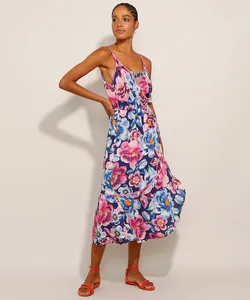 Vestido Saída de Praia Midi Envelope Estampado Floral Decote Redondo Alça Fina Azul Marinho G
