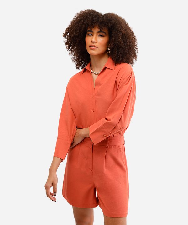 camisa de viscose com linho manga longa laranja PP