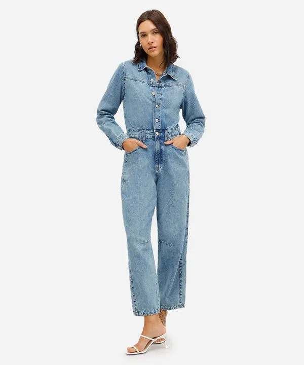 macacão feminino jeans manga longa azul G