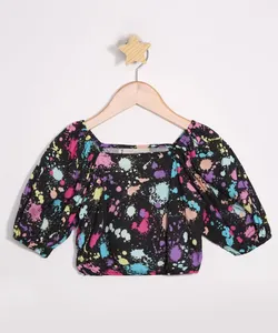 Blusa Infantil de Viscose Estampada de Respingos Cropped Manga Bufante Decote Reto Preta 12