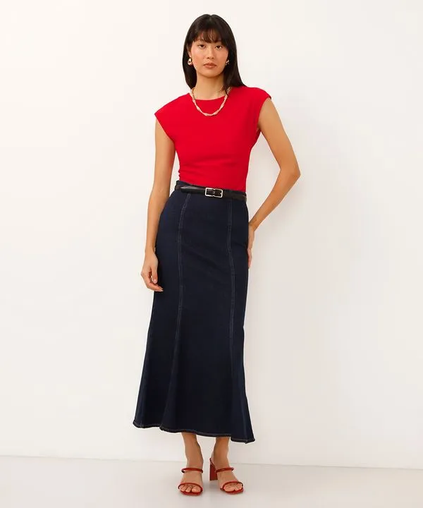 saia sereia jeans cintura super alta azul 38