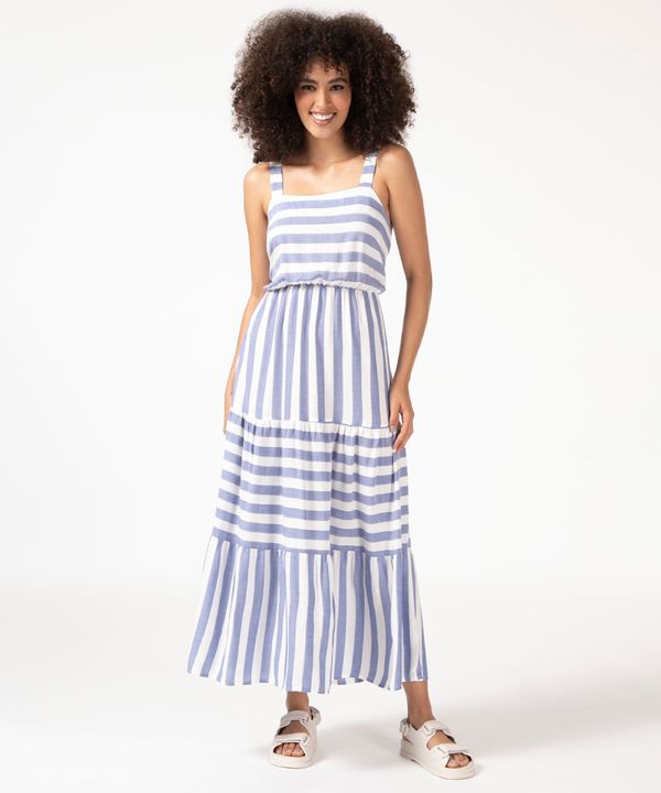 vestido longo de viscose listrado com recortes alça média decote reto azul PP