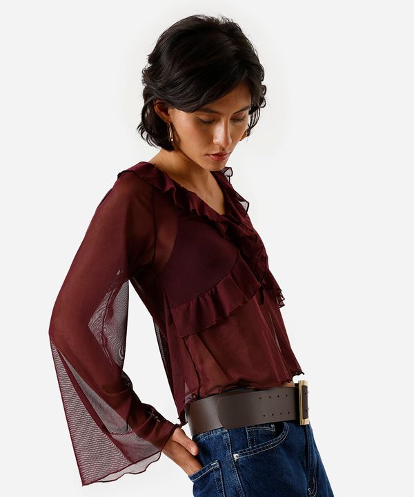 bata feminina de tule com babados vinho M