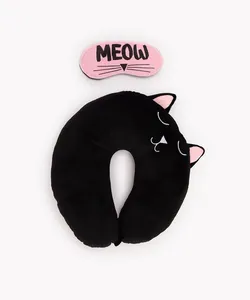 apoio de pescoço com máscara de dormir gato meow preto Único