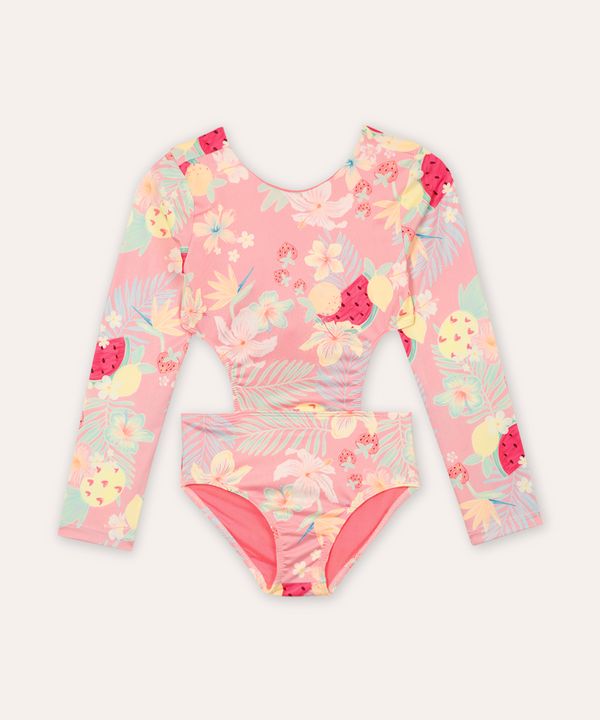 maiô infantil manga longa com recorte floral rosa 12