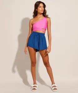 Short Saída de Praia de Viscose Maquinetado com Cordão Azul M