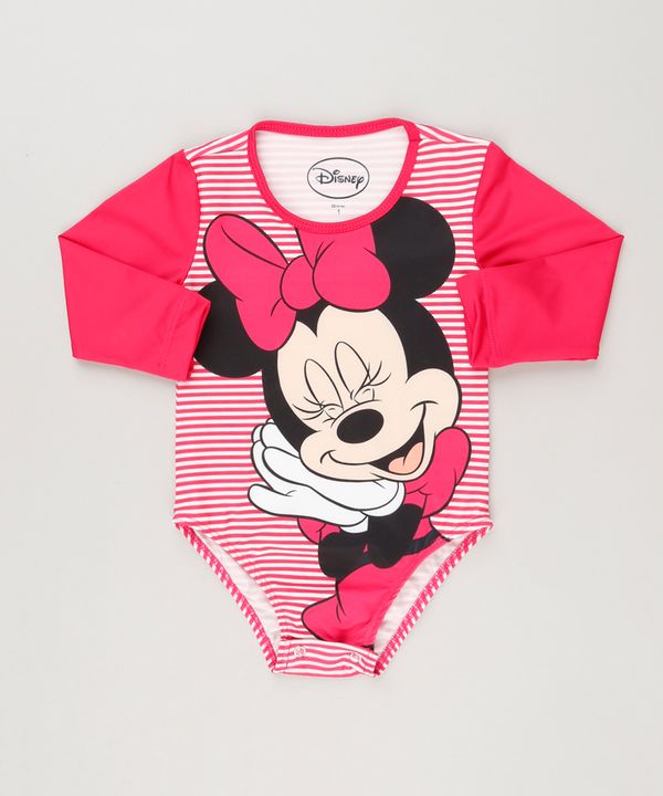 Maiô Body Infantil Listrado Minnie Manga Longa Rosa 3