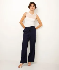calça reta com linho cós elástico azul 40