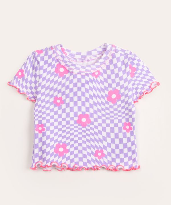 blusa infantil manga curta quadriculada floral multicor 8