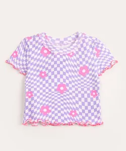 blusa infantil manga curta quadriculada floral multicor 6