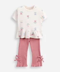conjunto infantil manga curta floral off white 1