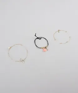 Kit de 3 Pulseiras Femininas Folheadas com Pingente de Flamingo e Búzios Dourado Único