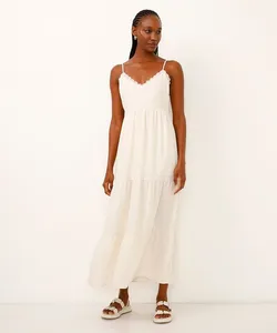 vestido midi texturizado com renda marias bege P