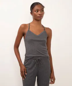 regata de pijama canelada com renda preto cinza GG