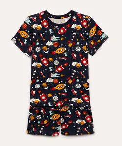 pijama infantil de algodão curto foguetes azul marinho 12