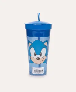 copo infantil com tampa compartimento e canudo sonic azul Único