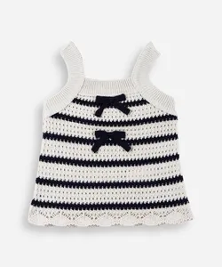 blusa infantil de tricô com laços listrada bege 4