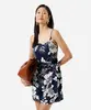 vestido curto alça fina feminino de viscose com amarração floral azul GG