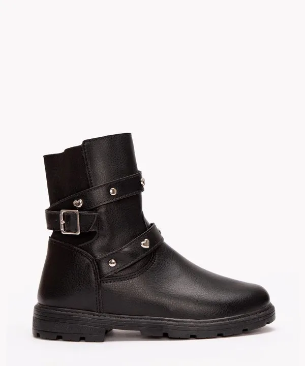 bota infantil cano curto com tiras e rebites preta 30