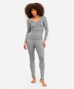 pijama longo feminino canelado com lurex cinza G