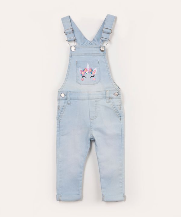 jardineira jeans infantil unicórnio com bolsos azul claro 5