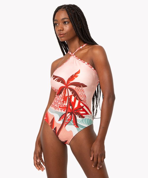 maiô halter neck estampado com bojo fixo e proteção uv colorido P