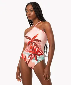 maiô halter neck estampado com bojo fixo e proteção uv colorido G