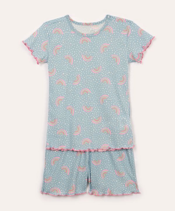 pijama infantil canelado poá e arco íris manga curta azul bebe 6