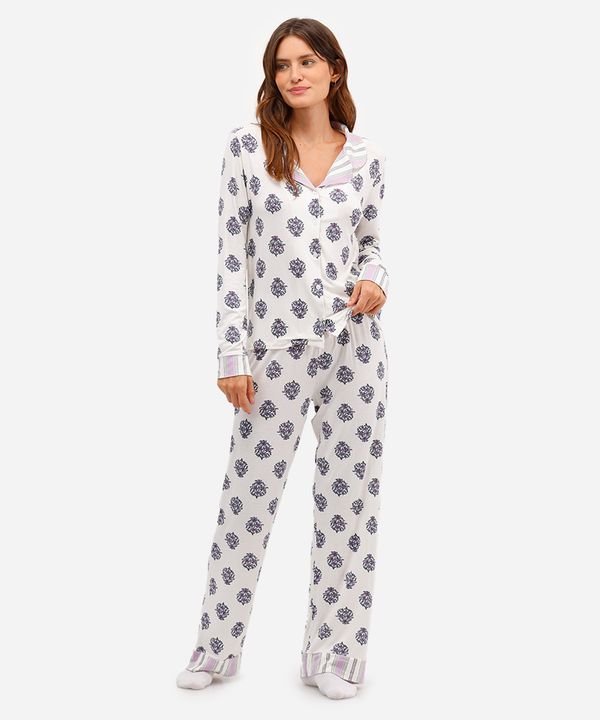 pijama longo americano de viscose floral off white GG